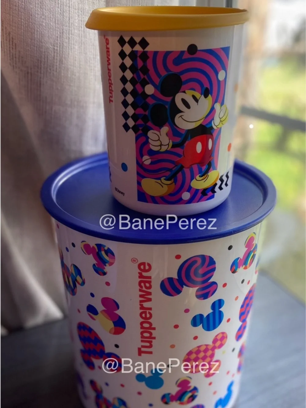 Tupperware Mickey Mouse Pop-Art Canisters set of 2 Blue & Yellow Lids